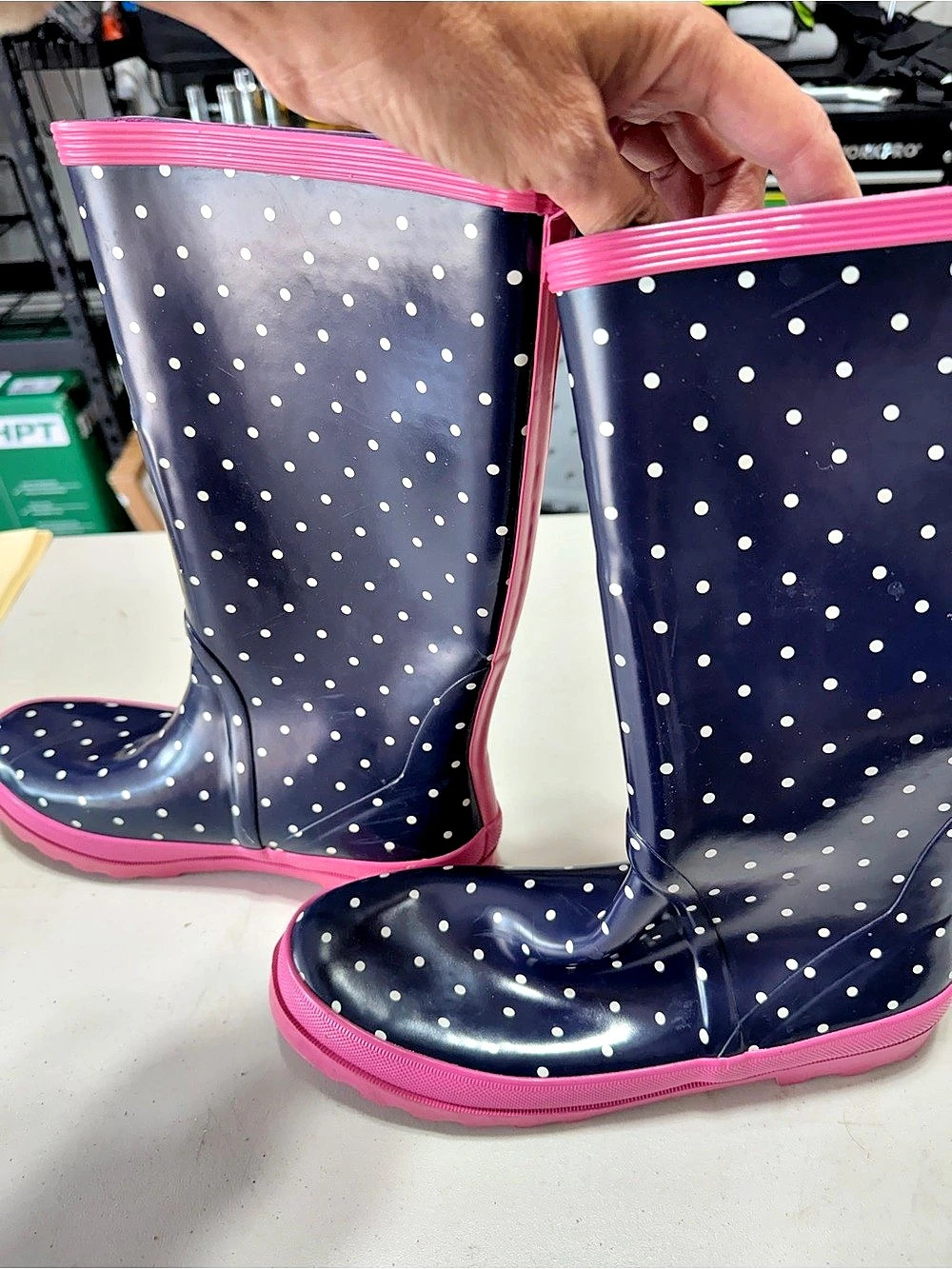 Polka Dot Rain Boots Navy Blue & Pink US 11